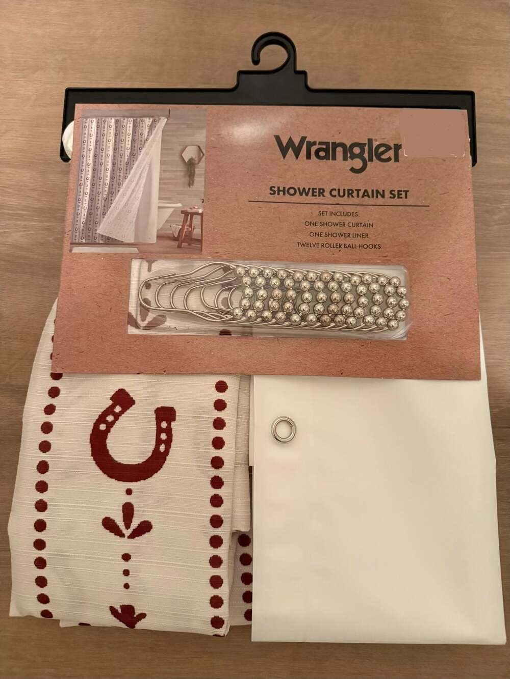 Wrangler Stables Stripe Red Shower Curtain Set with Liner and Hooks